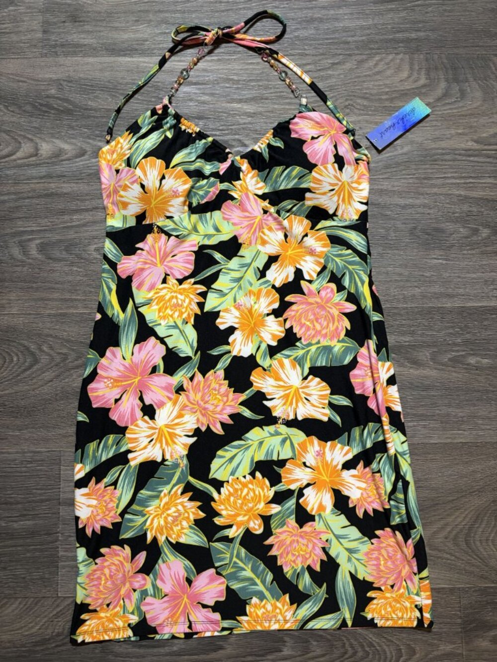 Derek Heart Tropical Halter Swim Cover Up Dress XL Black Floral Beaded Ties NEW